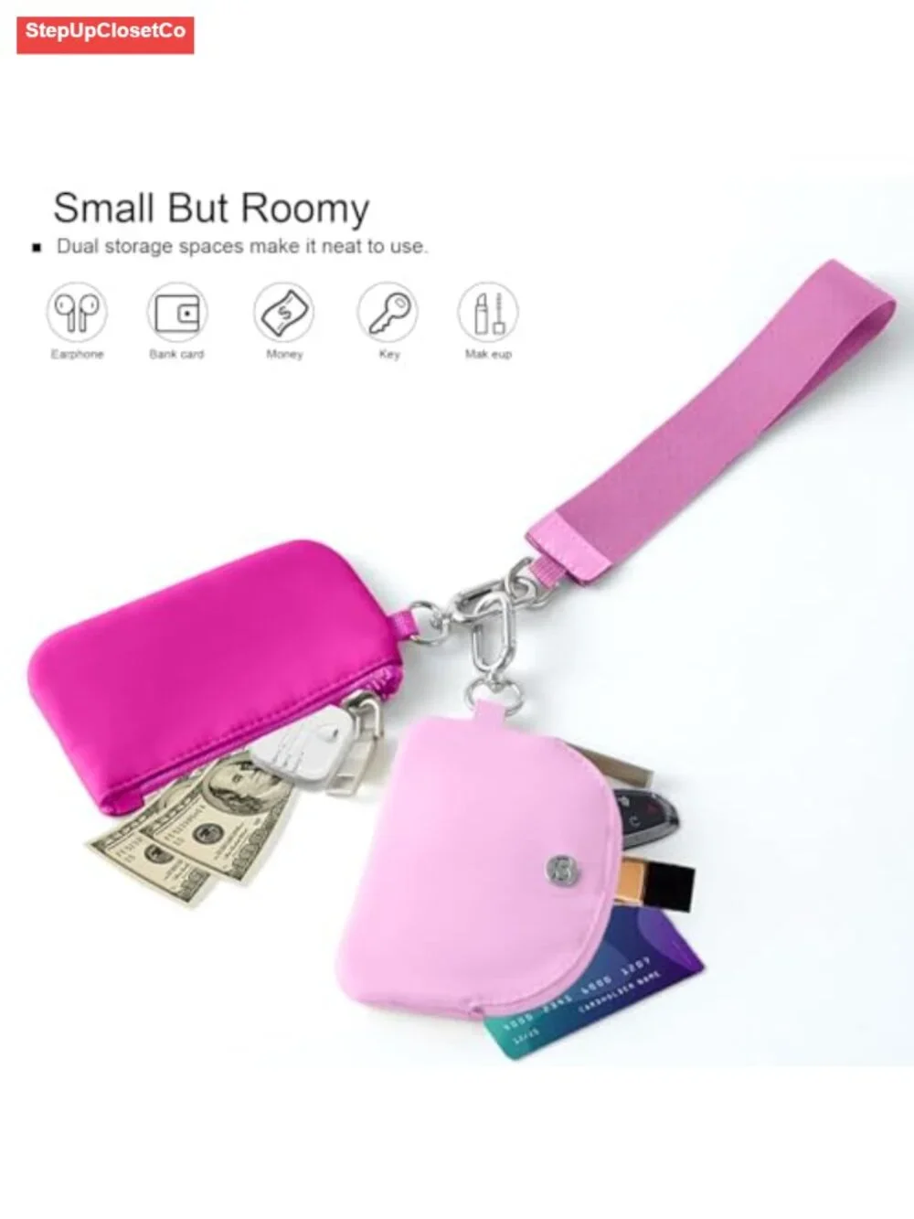 Women's Wristlet Wallet with Keychain, Nylon Dual Pouch Clutch, Detachable Coin